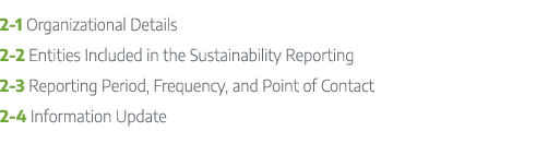 2 1 Organizational Details 2 2 Entities Included in the Sustainability Reporting 2 3 Reporting Period, Frequency, and...