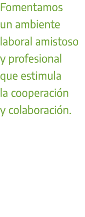 Fomentamos un ambiente laboral amistoso y profesional que estimula la cooperaci n y colaboraci n.