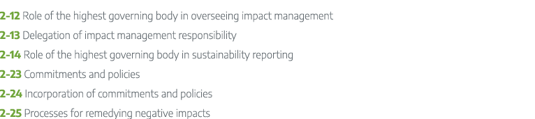 2 12 Role of the highest governing body in overseeing impact management 2 13 Delegation of impact management responsi...