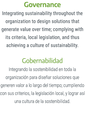 Governance Integrating sustainability throughout the organization to design solutions that generate value over time; ...
