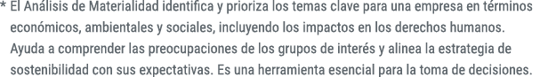 * El An lisis de Materialidad identifica y prioriza los temas clave para una empresa en t rminos econ micos, ambienta...