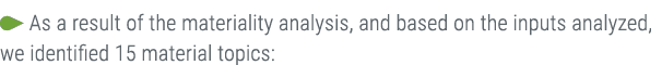 ￼ As a result of the materiality analysis, and based on the inputs analyzed, we identified 15 material topics: