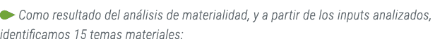 ￼ Como resultado del an lisis de materialidad, y a partir de los inputs analizados, identificamos 15 temas materiales: