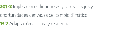 201 2 Implicaciones financieras y otros riesgos y oportunidades derivadas del cambio clim tico 13.2 Adaptaci n al cli...