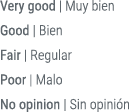 Very good | Muy bien Good | Bien Fair | Regular Poor | Malo No opinion | Sin opini n