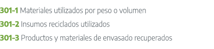 301 1 Materiales utilizados por peso o volumen 301 2 Insumos reciclados utilizados 301 3 Productos y materiales de en...
