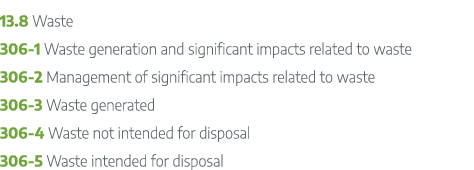 13.8 Waste 306 1 Waste generation and significant impacts related to waste 306 2 Management of significant impacts re...