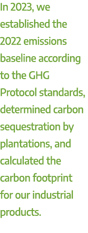 In 2023, we established the 2022 emissions baseline according to the GHG Protocol standards, determined carbon seques...