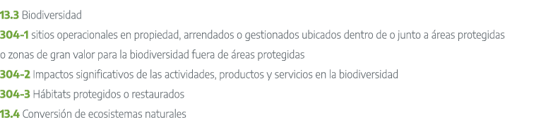 13.3 Biodiversidad 304 1 sitios operacionales en propiedad, arrendados o gestionados ubicados dentro de o junto a re...