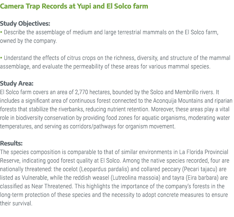 Camera Trap Records at Yupi and El Solco farm Study Objectives: • Describe the assemblage of medium and large terrest...