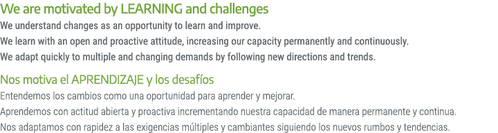 We are motivated by LEARNING and challenges We understand changes as an opportunity to learn and improve. We learn wi...
