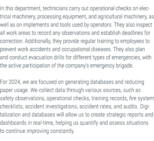 In this department, technicians carry out operational checks on electrical machinery, processing equipment, and agric...