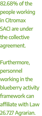 82.68% of the people working in Citromax SACI are under the collective agreement. Furthermore, personnel working in t...