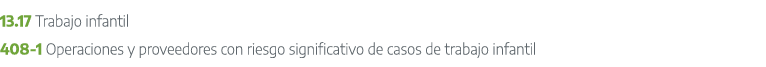 13.17 Trabajo infantil 408 1 Operaciones y proveedores con riesgo significativo de casos de trabajo infantil