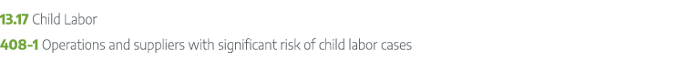 13.17 Child Labor 408 1 Operations and suppliers with significant risk of child labor cases