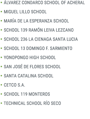 • LVAREZ CONDARCO SCHOOL OF ACHERAL • MIGUEL LILLO SCHOOL • MAR A DE LA ESPERANZA SCHOOL • SCHOOL 139 RAM N LEIVA LE...