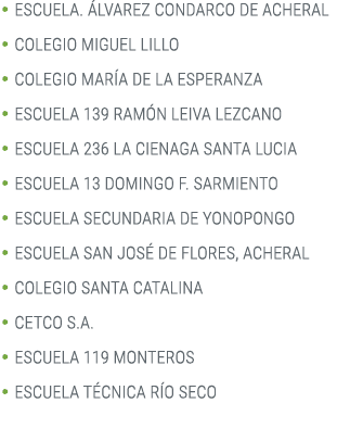• ESCUELA. LVAREZ CONDARCO DE ACHERAL • COLEGIO MIGUEL LILLO • COLEGIO MAR A DE LA ESPERANZA • ESCUELA 139 RAM N LEI...