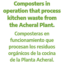 Composters in operation that process kitchen waste from the Acheral Plant. Composteras en funcionamiento que procesan...